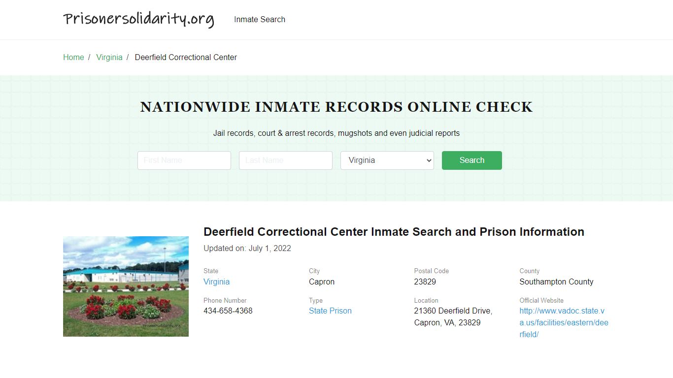 Deerfield Correctional Center Inmate Search, Visitation, Phone no ...